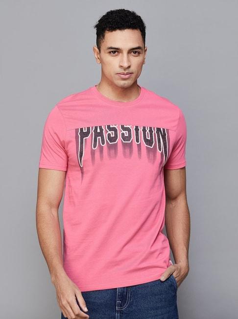 forca by lifestyle pink cotton regular fit printed t-shirt