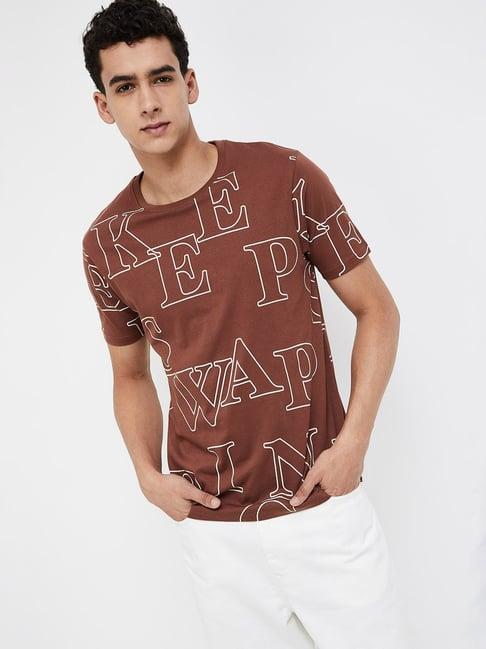 forca brown cotton regular fit printed t-shirt