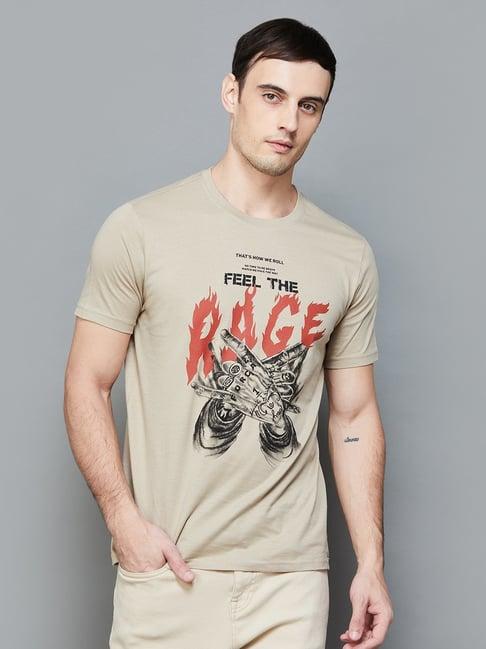 forca by lifestyle beige cotton slim fit printed t-shirt