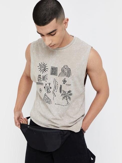 forca by lifestyle beige regular fit printed sleeveless t-shirt