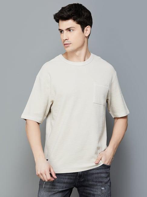 forca by lifestyle beige regular fit textured crew t-shirt