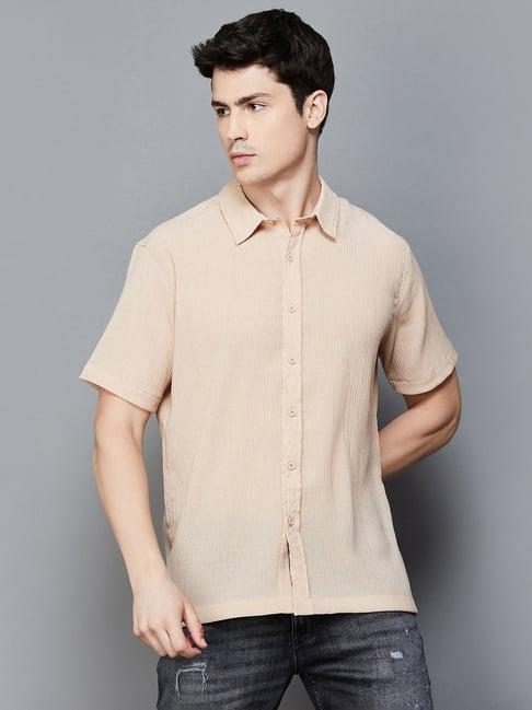 forca by lifestyle beige regular fit textured shirt