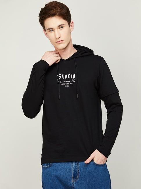 forca by lifestyle black cotton regular fit printed hooded t-shirts