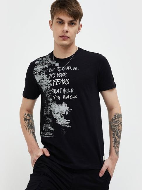 forca by lifestyle black regular fit printed crew t-shirt