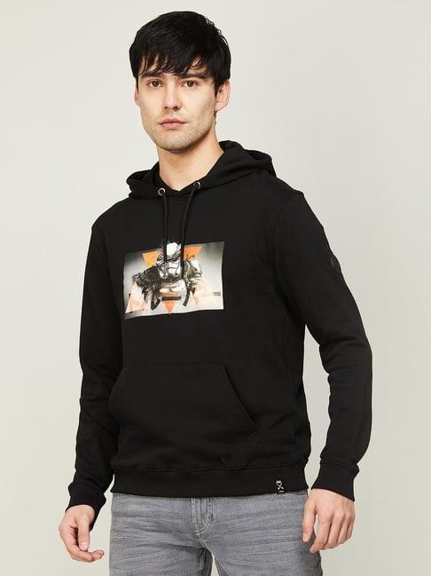forca by lifestyle black regular fit printed hooded sweatshirt
