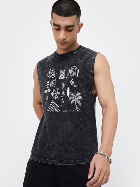 forca by lifestyle black regular fit printed sleeveless t-shirt