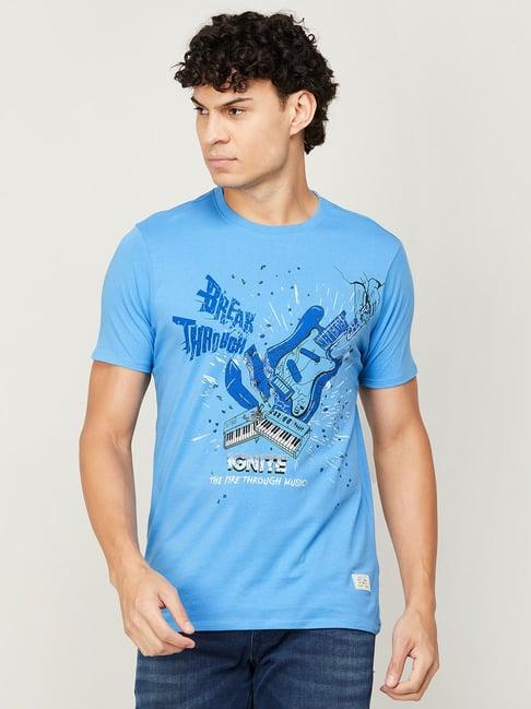 forca by lifestyle blue regular fit printed crew t-shirt