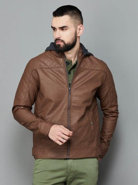 forca by lifestyle dark brown slim fit hooded jacket