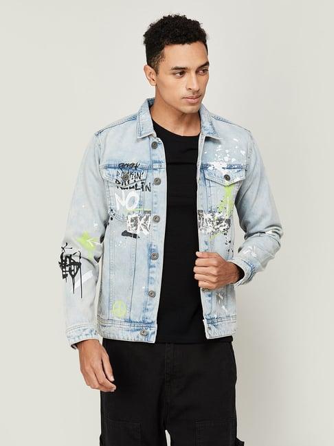 forca by lifestyle light blue regular fit printed denim jacket