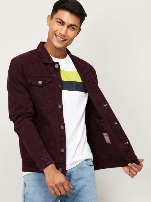 forca by lifestyle maroon cotton regular fit denim jacket