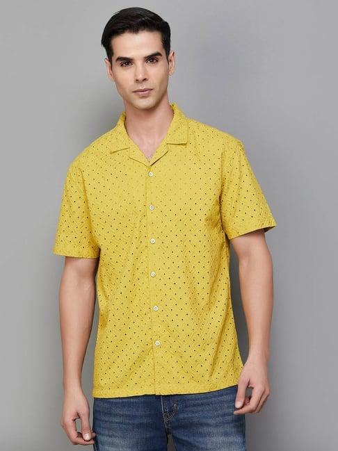 forca by lifestyle mustard cotton regular fit self pattern shirt