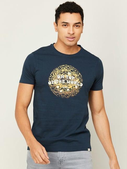 forca by lifestyle navy regular fit printed crew t-shirt