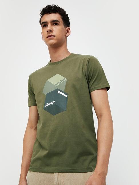 forca by lifestyle olive cotton regular fit printed t-shirt