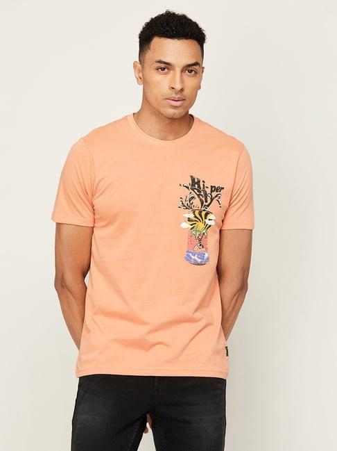 forca by lifestyle orange cotton regular fit printed t-shirt