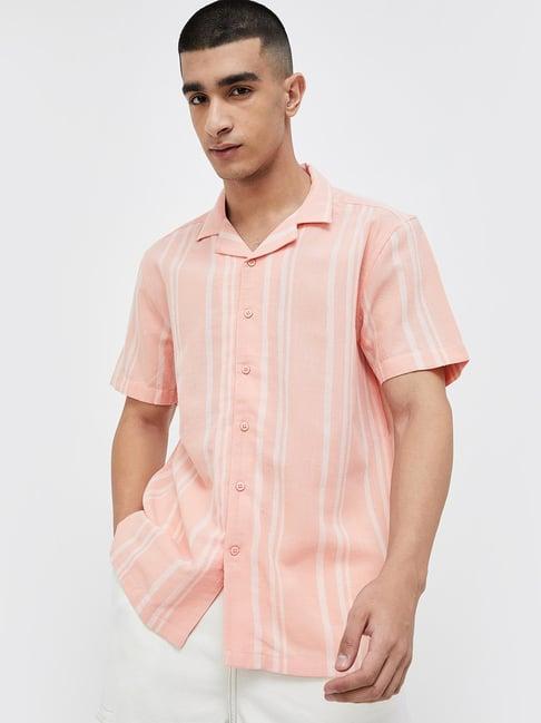 forca by lifestyle peach regular fit striped shirt