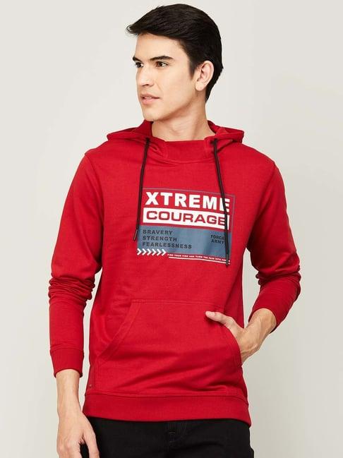 forca by lifestyle red regular fit printed hooded sweatshirt