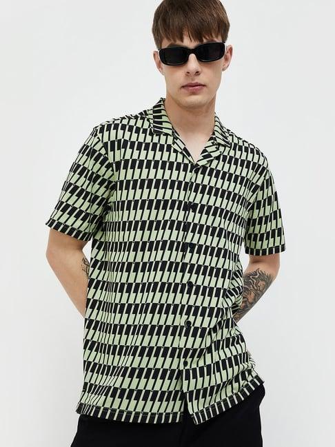 forca by lifestyle sage green & black regular fit printed shirt