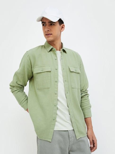 forca by lifestyle sage green regular fit textured shirt