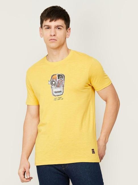 forca by lifestyle yellow cotton regular fit printed t-shirt