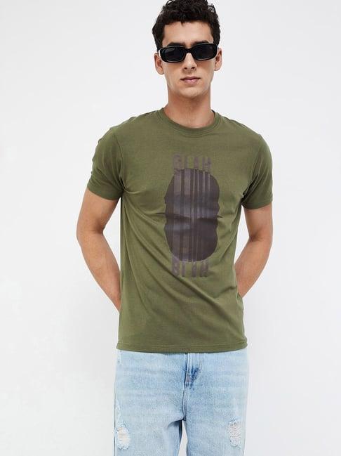 forca olive cotton regular fit printed t-shirt