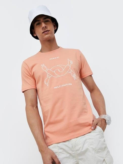 forca peach cotton regular fit printed t-shirt