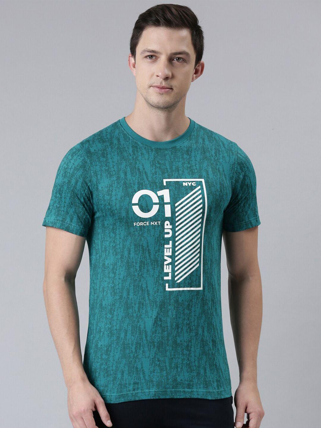 force nxt men teal printed round neck cotton t-shirt