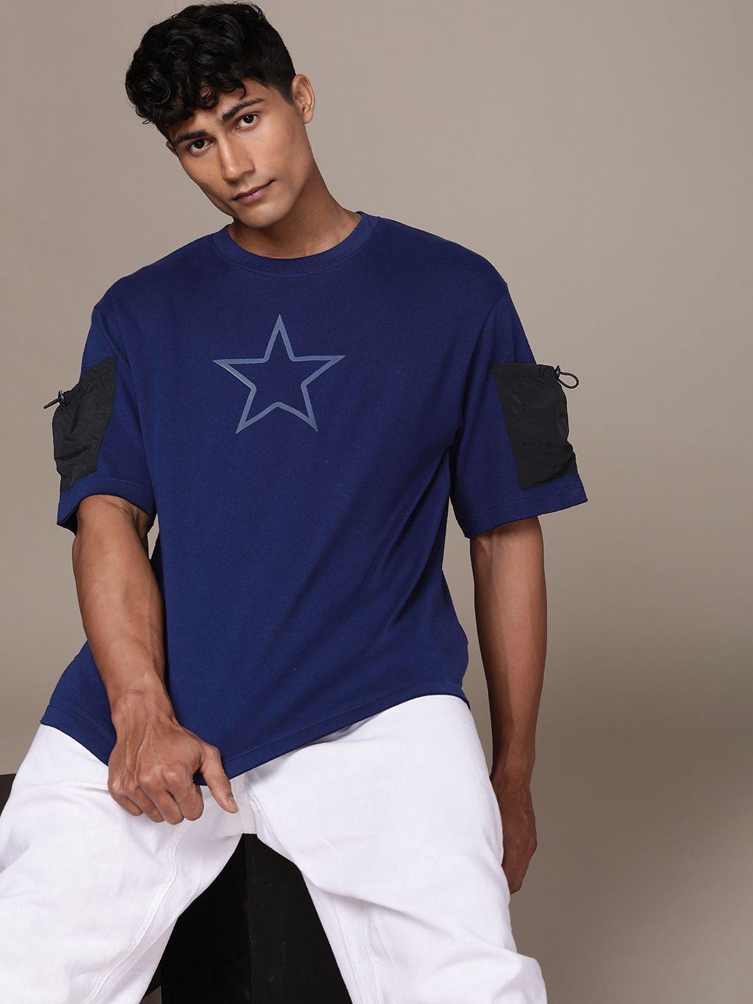 force ix men brand logo printed drop-shoulder sleeves pure cotton loose t-shirt