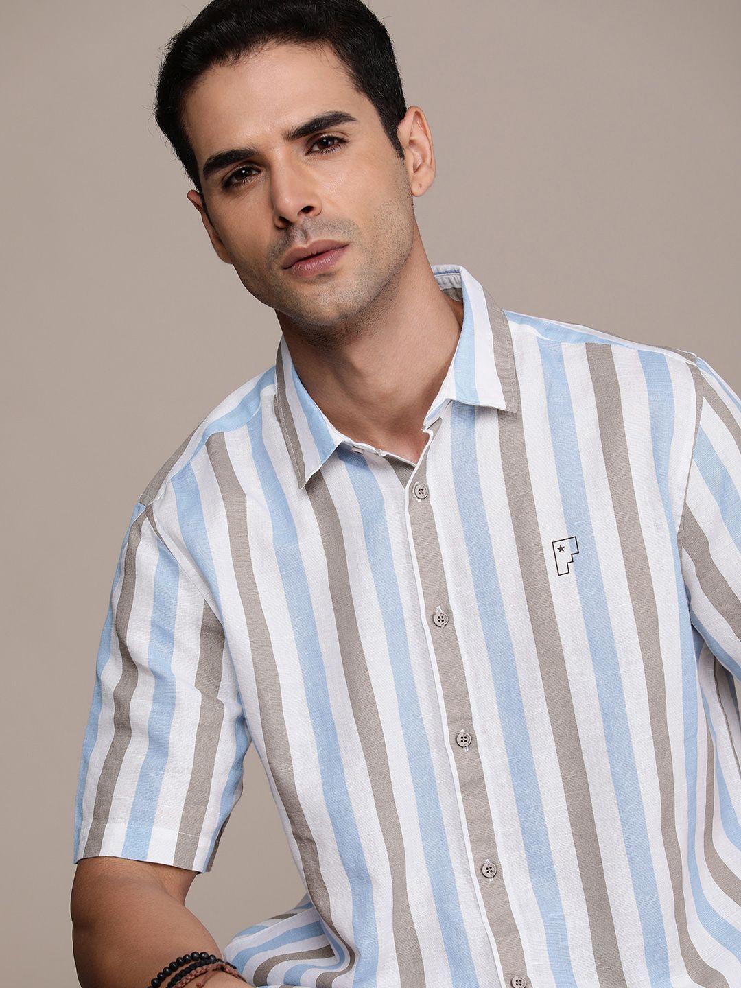 force ix men cotton linen striped casual shirt