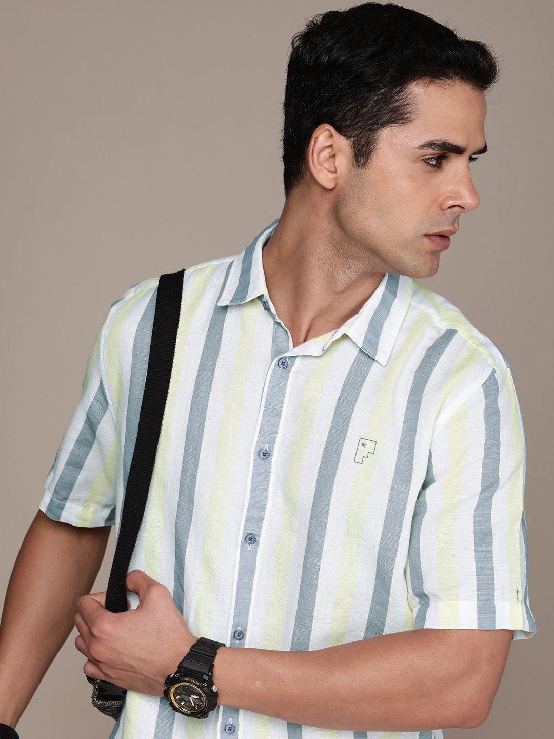 force ix men cotton linen striped casual shirt