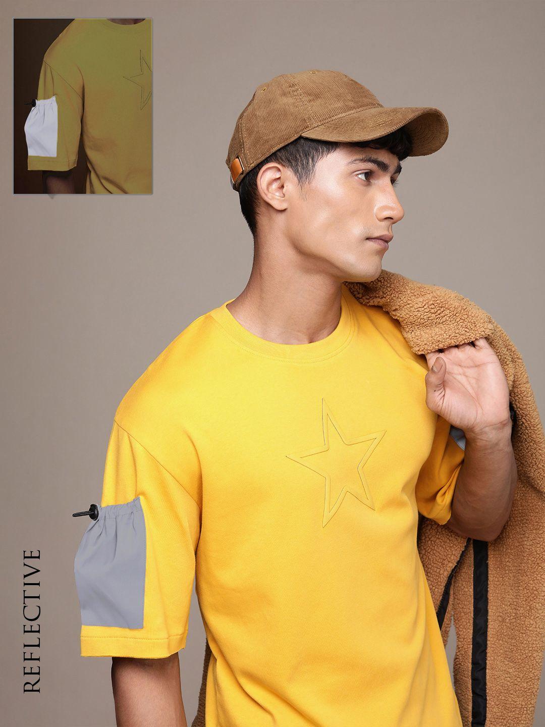 force ix men geometric drop-shoulder pure cotton loose t-shirt with pocket detail sleeves