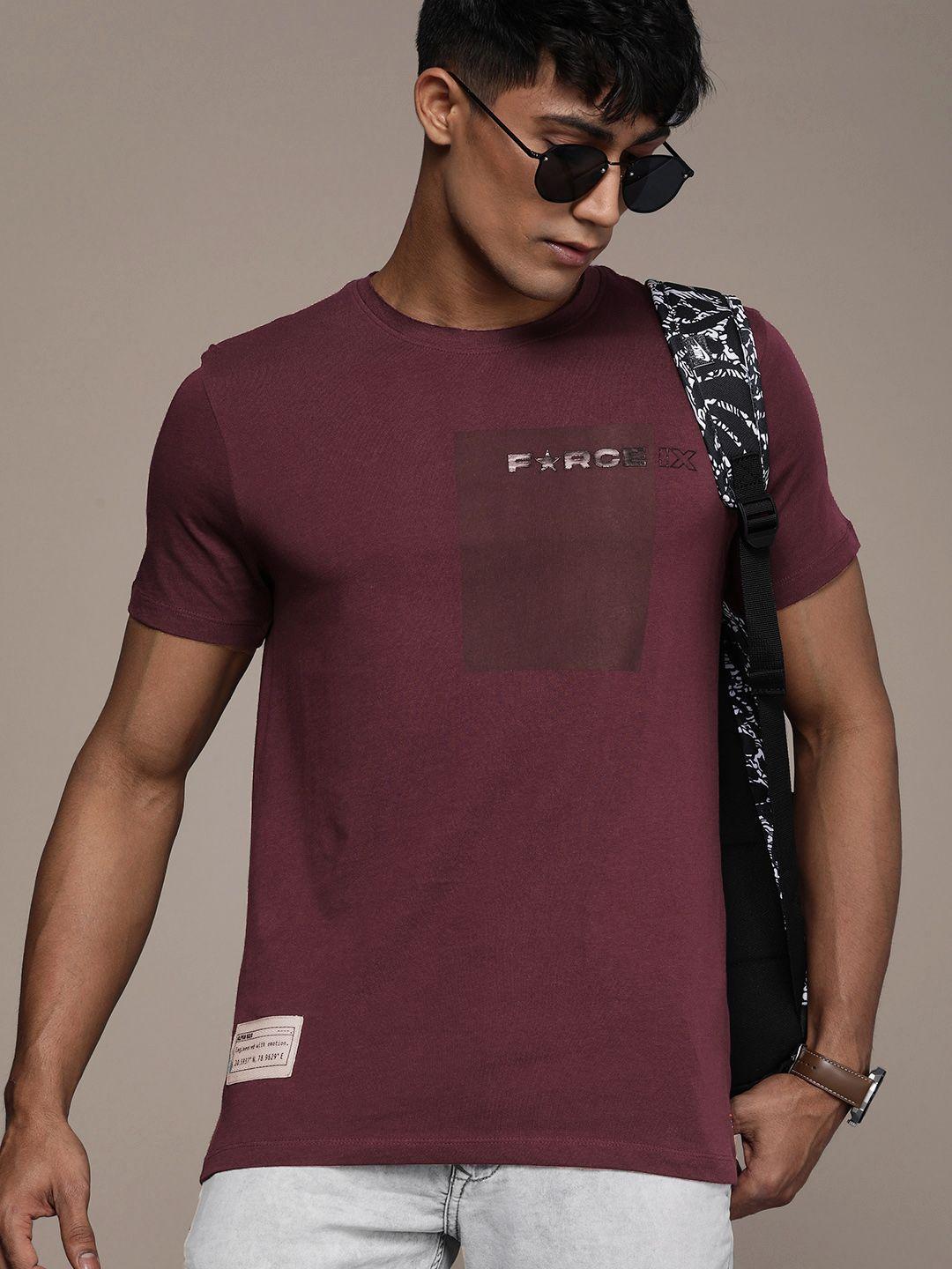 force ix men pure cotton  brand logo printed t-shirt with applique detail