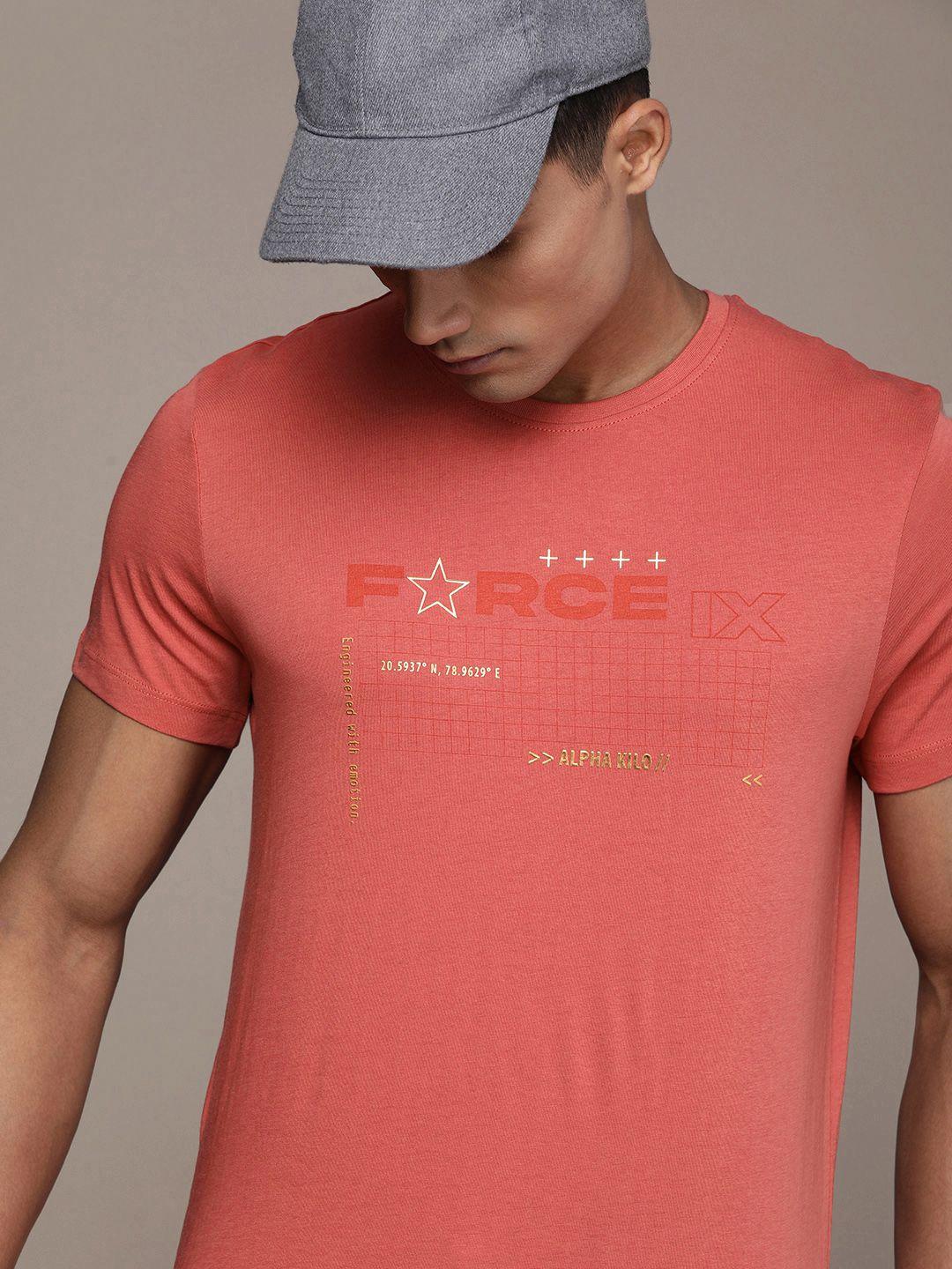 force ix men pure cotton brand logo printed t-shirt with applique detail