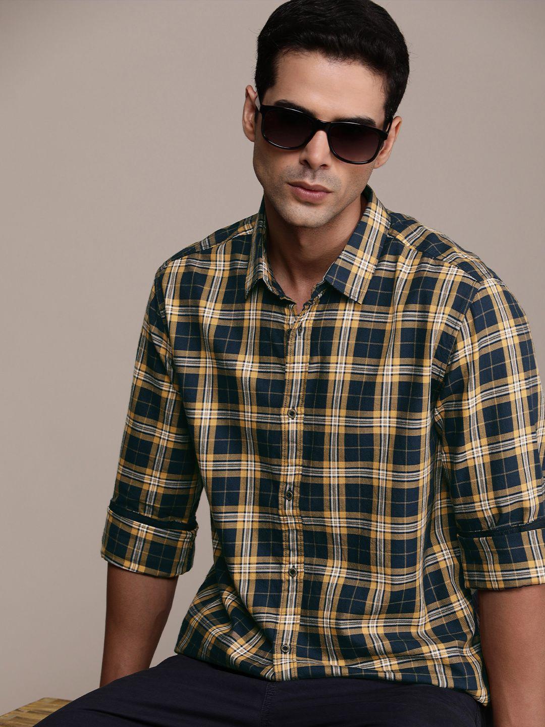 force ix men pure cotton slim fit checked casual shirt