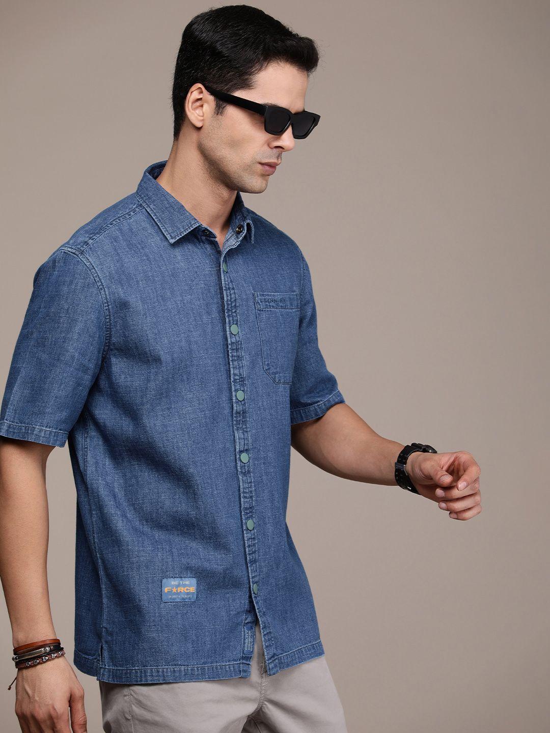 force ix men pure cotton slim fit denim casual shirt