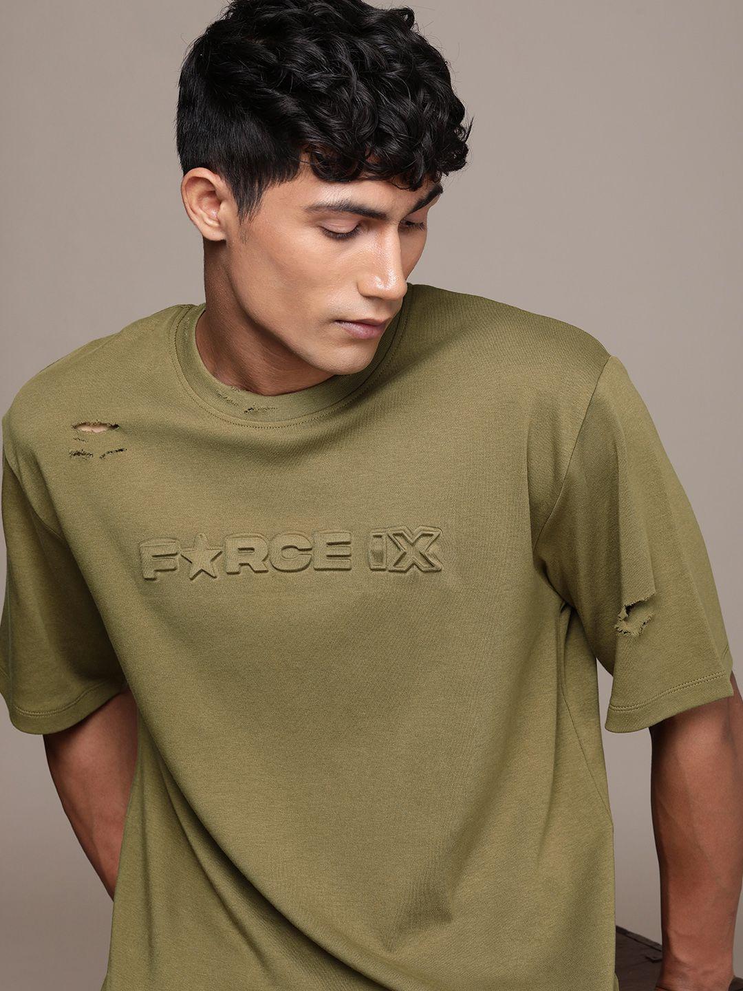 force ix men ripped loose fit pure cotton t-shirt with brand logo embossed detail