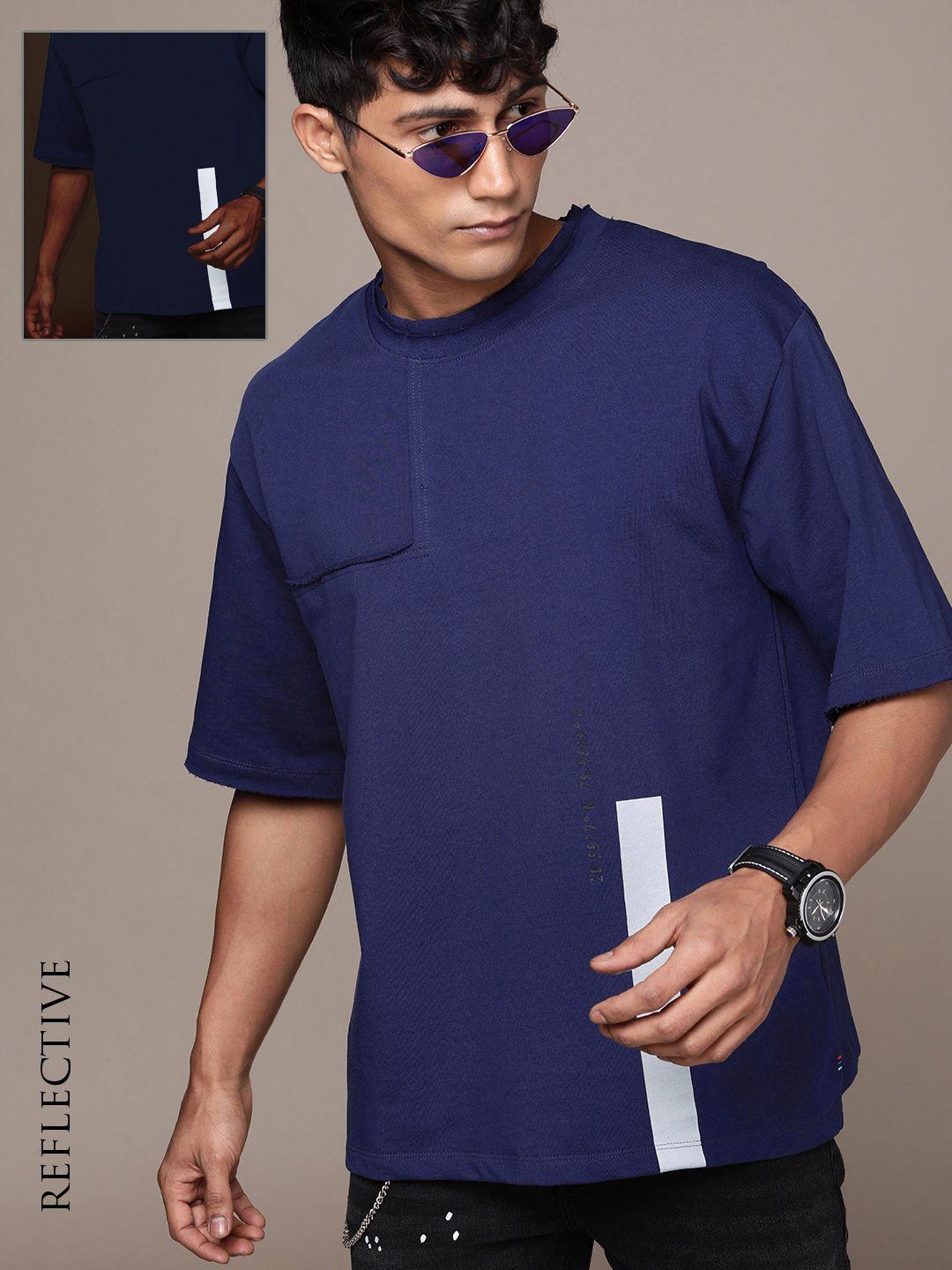 force ix men self design pure cotton loose fit t-shirt with reflective stripe detail