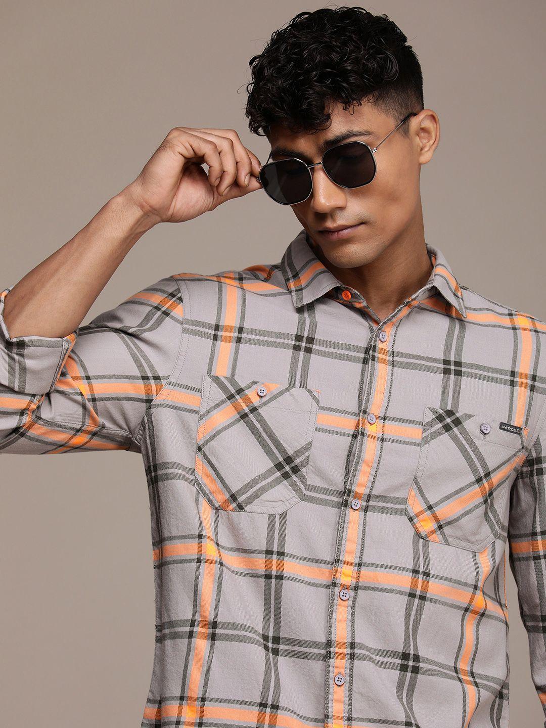 force ix slim fit pure cotton checked casual shirt