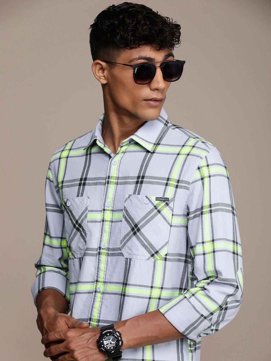 force ix slim fit pure cotton checked casual shirt