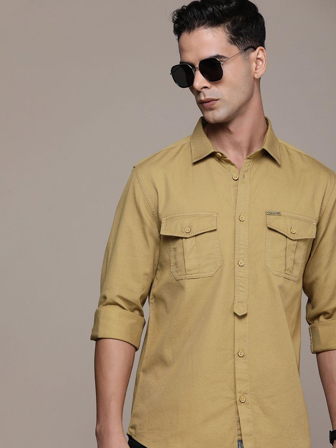 force ix solid pure cotton spread collar casual shirt