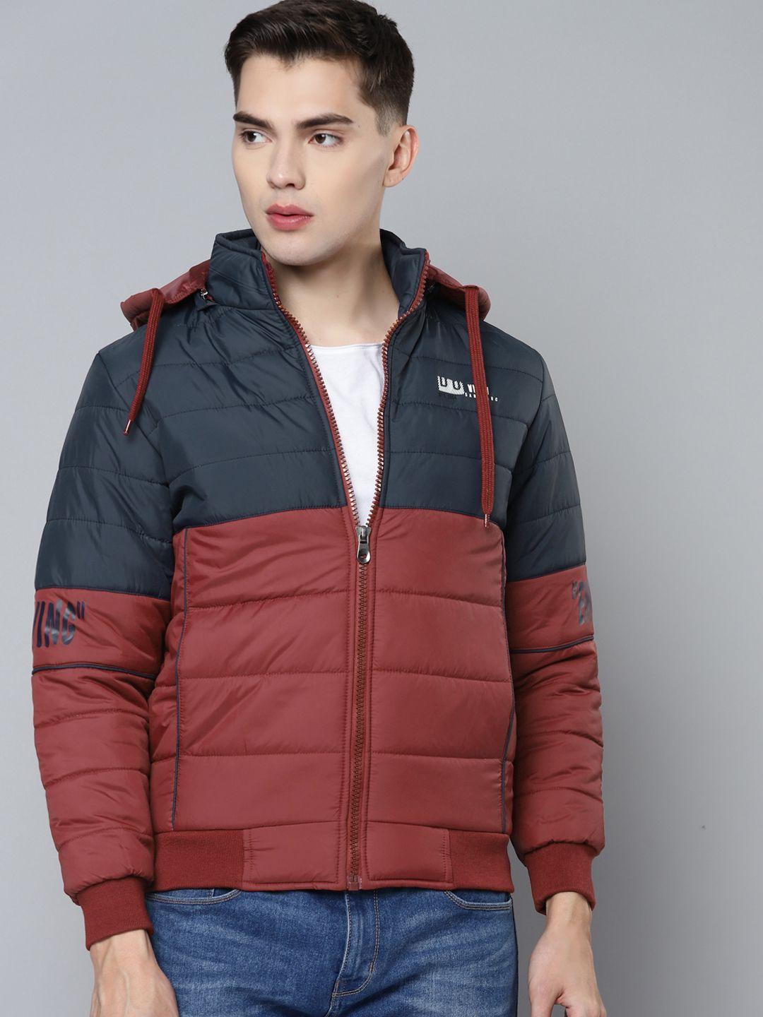 foreign culture by fort collins maroon colourblock padded jacket with detachable hood
