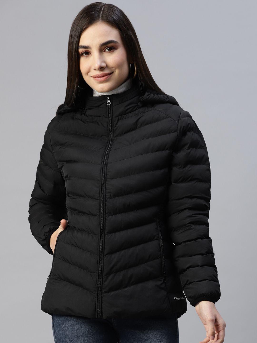 foreign culture by fort collins women black solid padded jacket with detachable hood