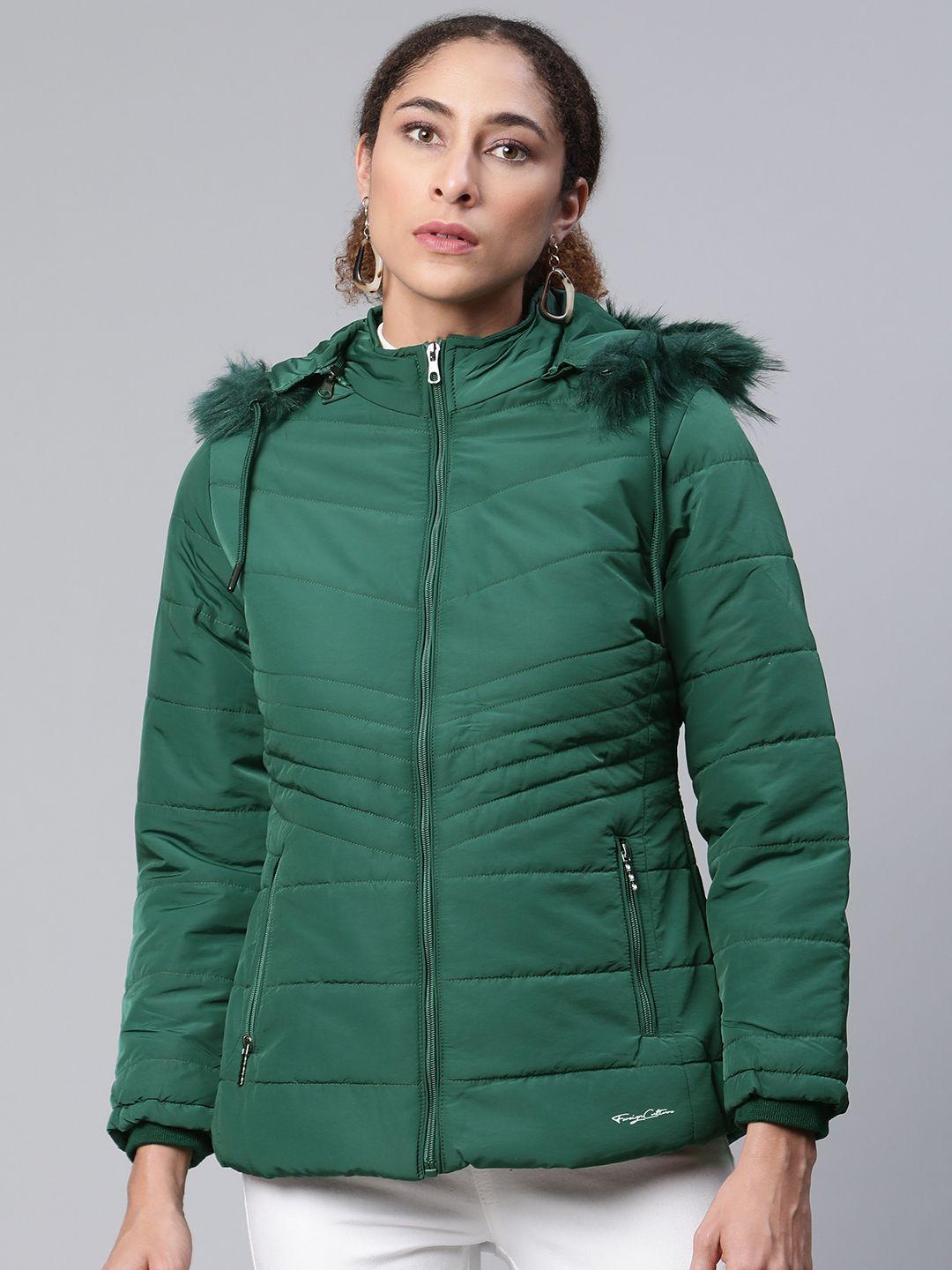 foreign culture by fort collins women green solid faux fur trim longline parka jacket