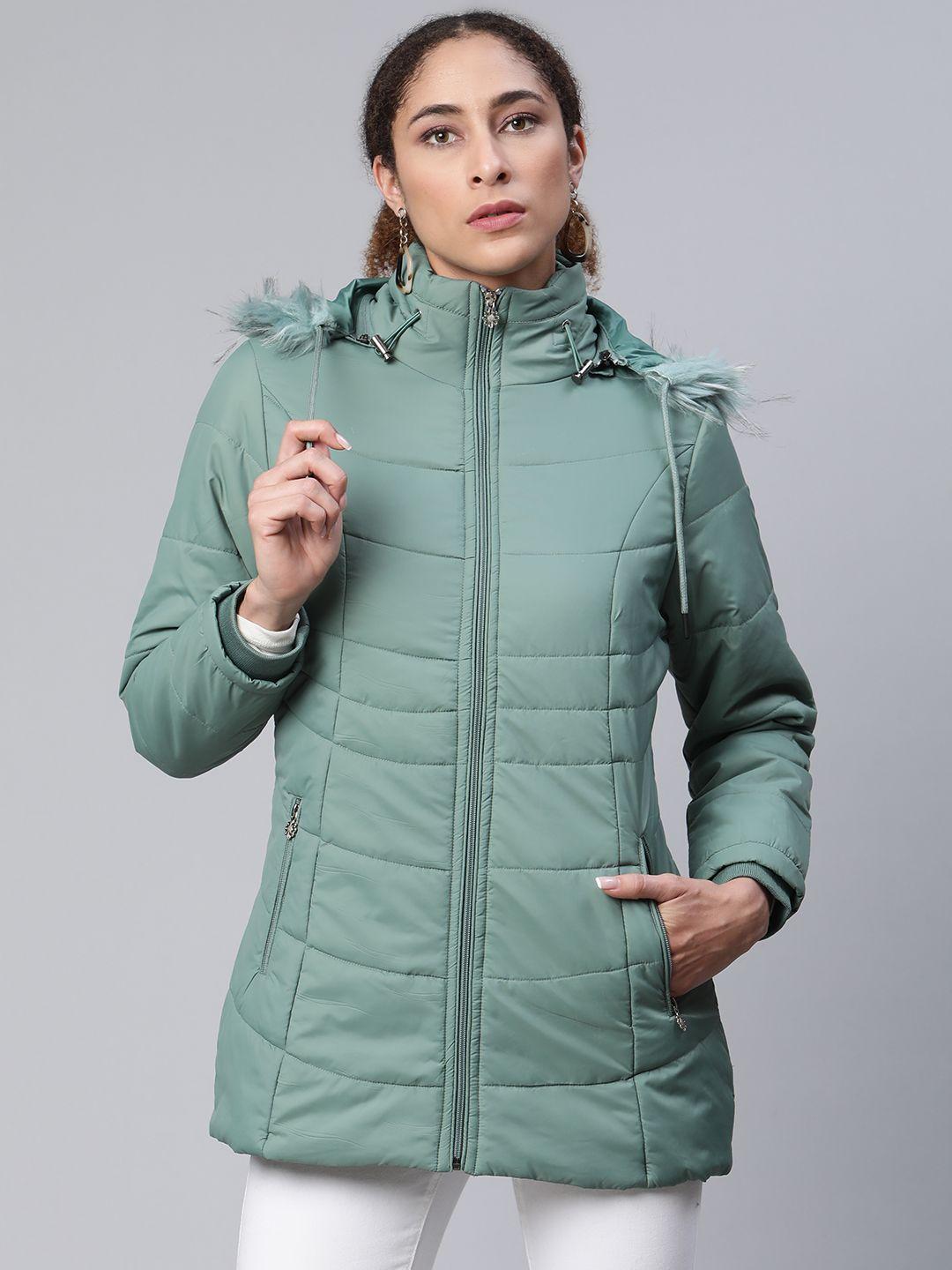 foreign culture by fort collins women green solid parka jacket with detachable hood