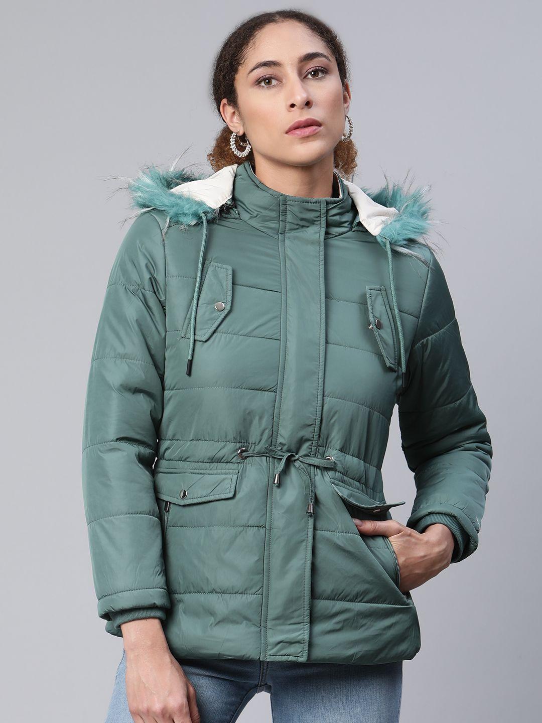 foreign culture by fort collins women green solid parka jacket with detachable hood