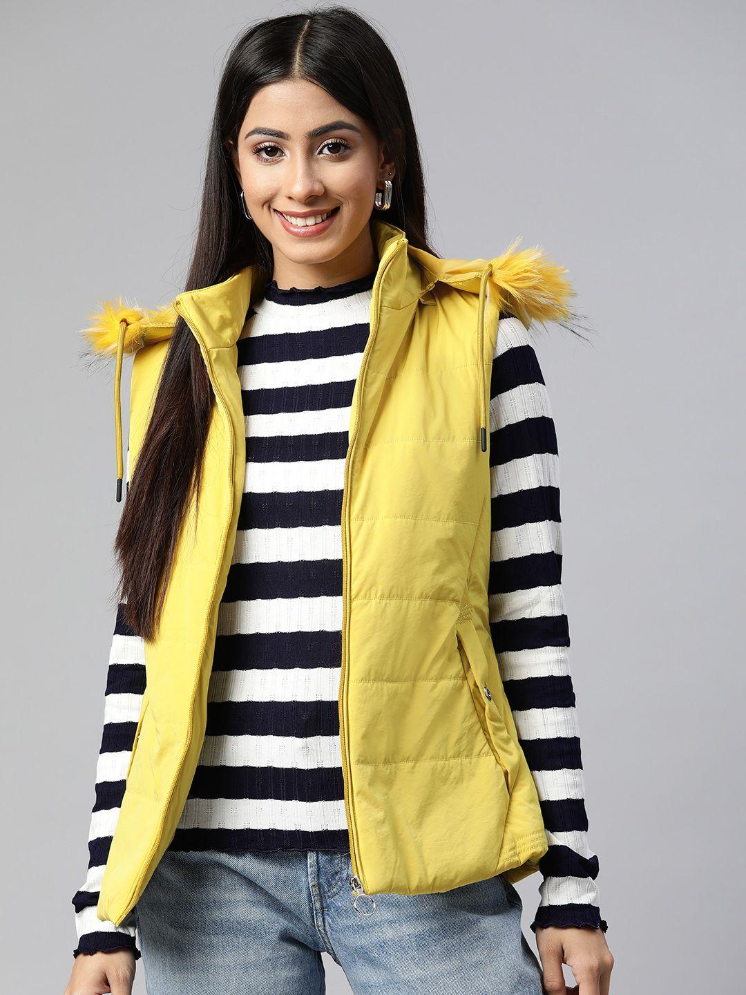 foreign culture by fort collins women mustard yellow padded jacket with detachable hood