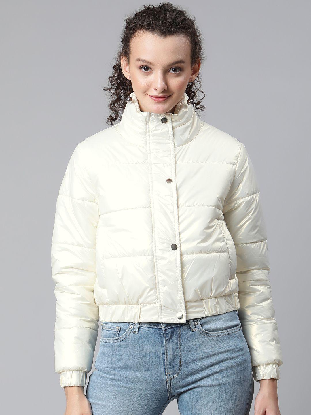 foreign culture by fort collins women off white metallic finish crop padded jacket