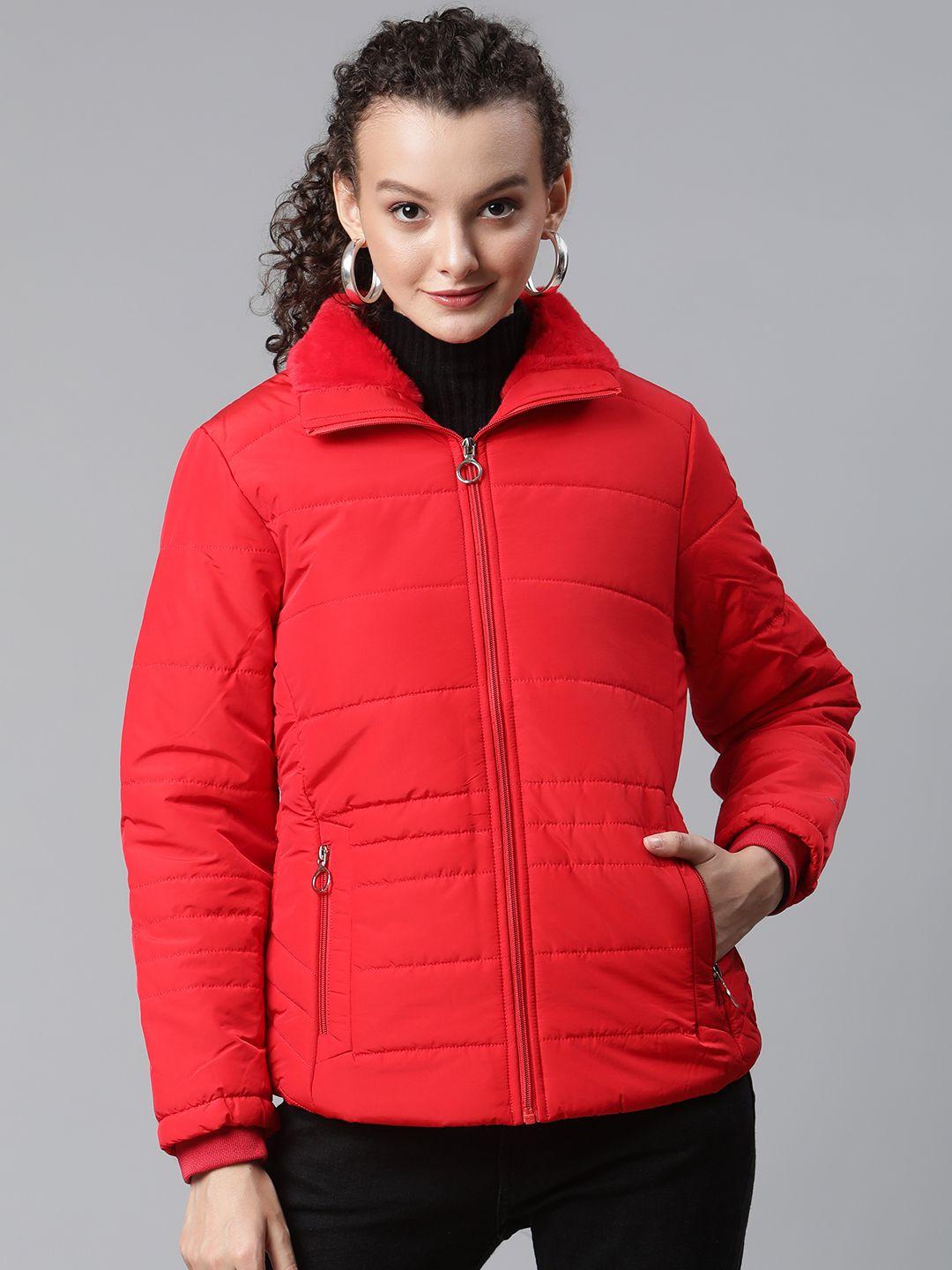 foreign culture by fort collins women red solid faux fur collar padded jacket
