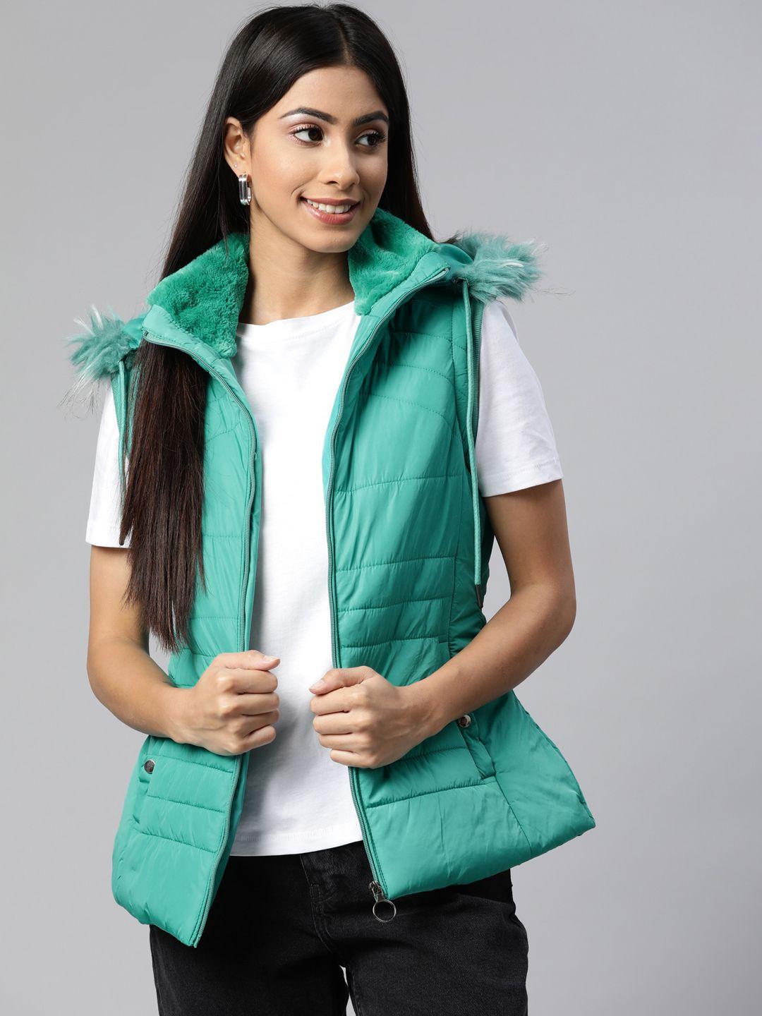 foreign culture by fort collins women sea green padded jacket with detachable hood