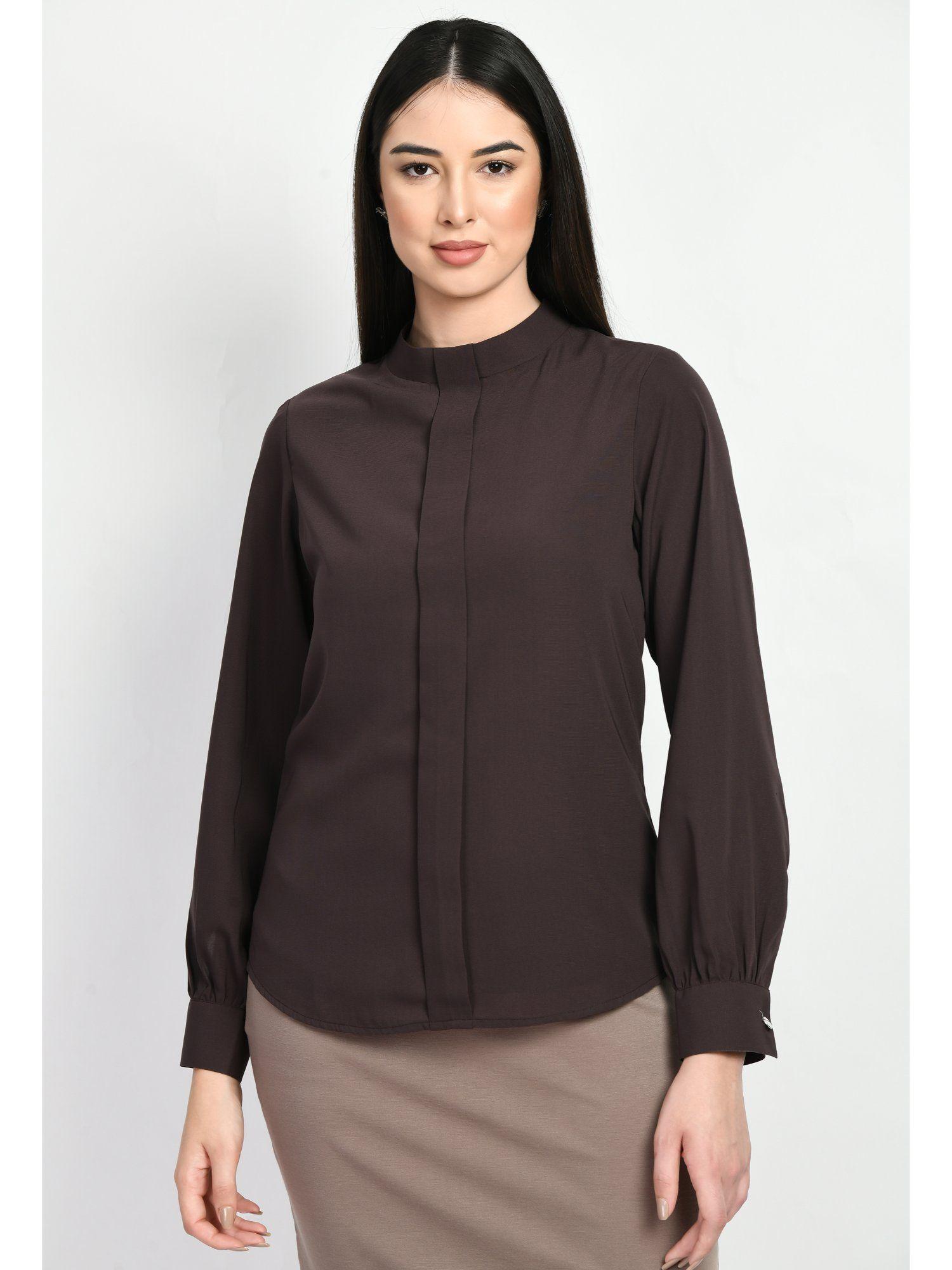 foresight high neck front pleat top - coffee brown