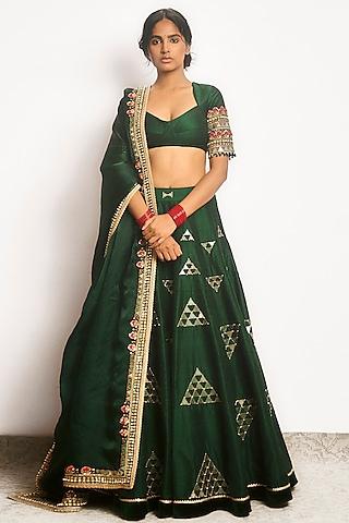 forest green pure raw silk embroidered lehenga set